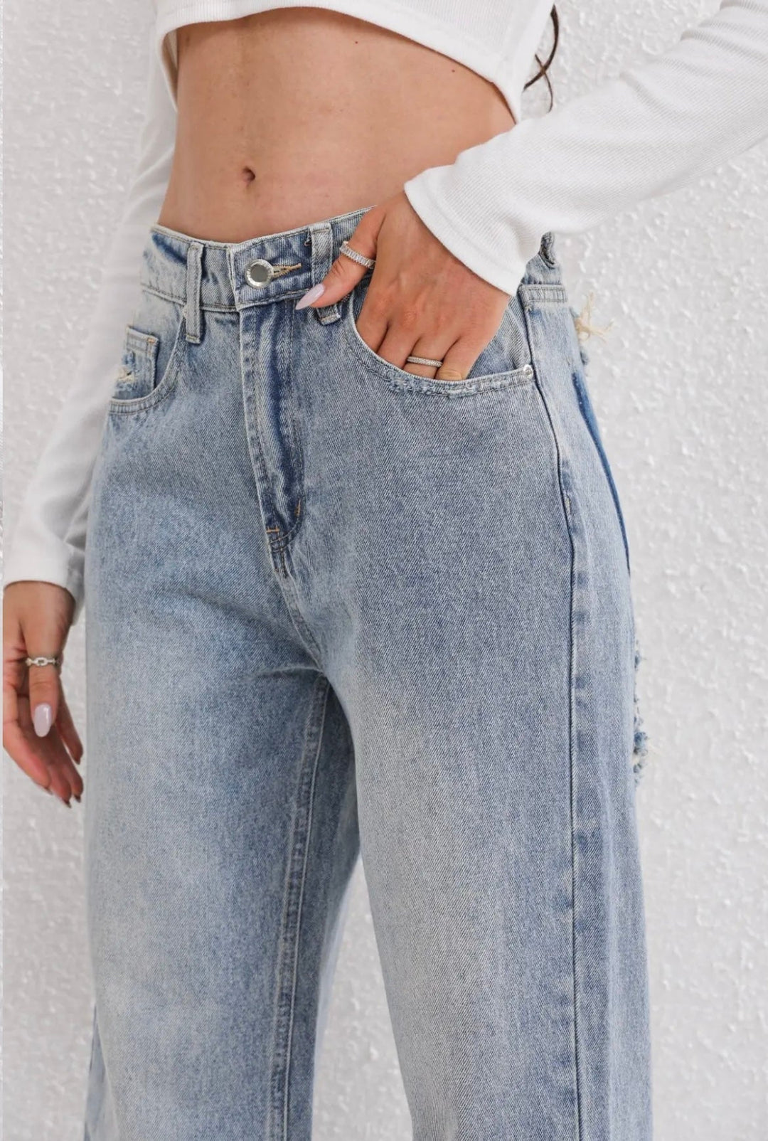 Dame jeans med høj talje og patchwork detalje