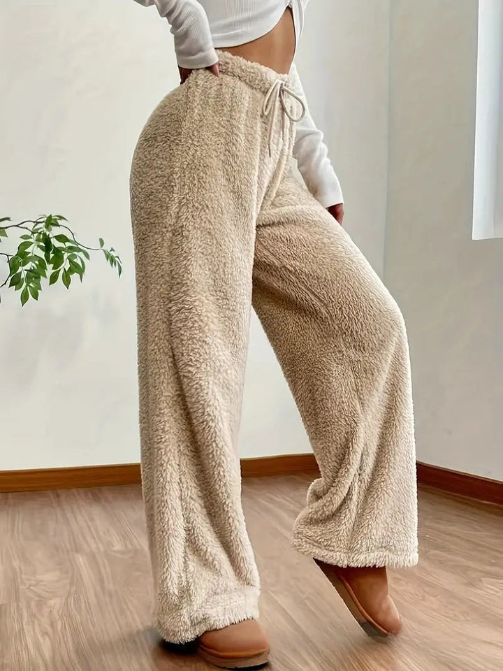 Dames bukser i teddyfleece med elastisk talje
