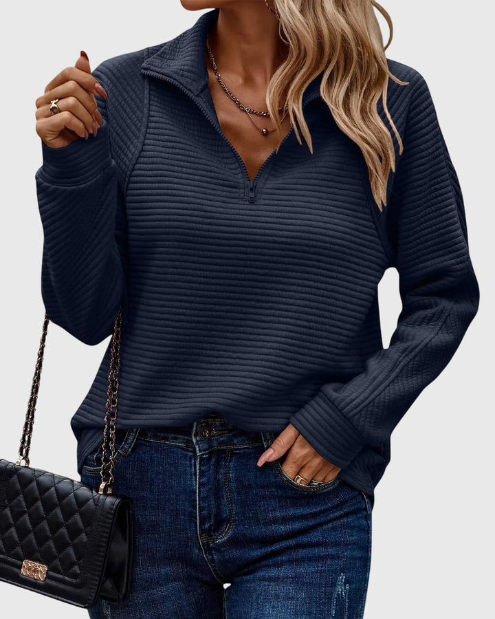 Dame sweater med lynlås og v-hals