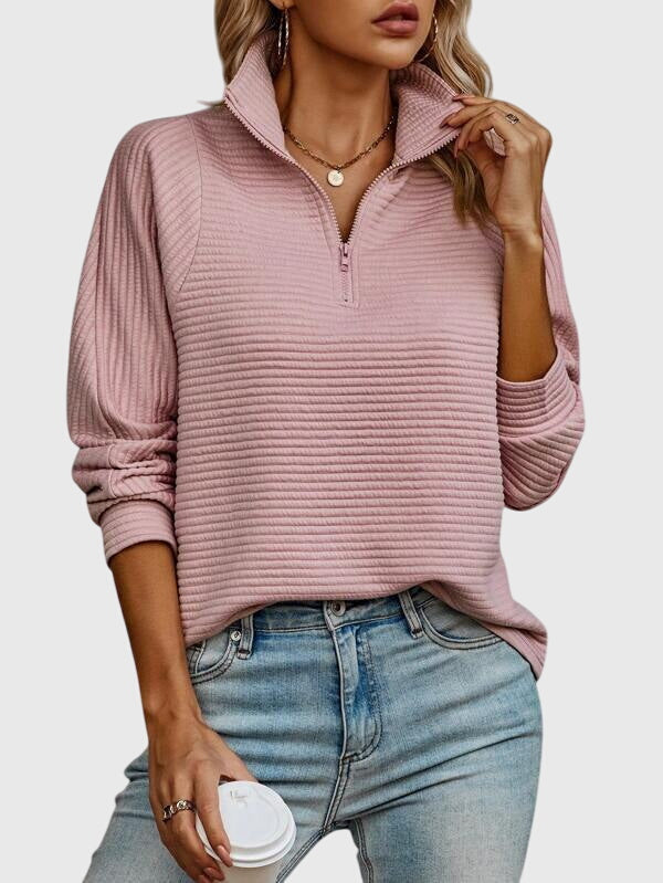 Dame sweater med lynlås og v-hals