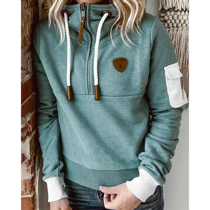 Dame hættetrøje sporty hoodie med lynlås og lomme på ærmet