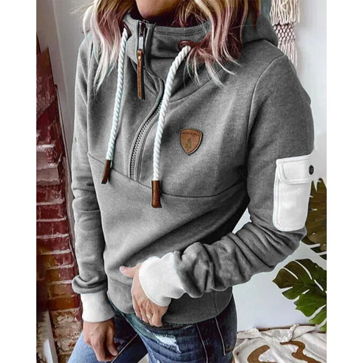 Dame hættetrøje sporty hoodie med lynlås og lomme på ærmet