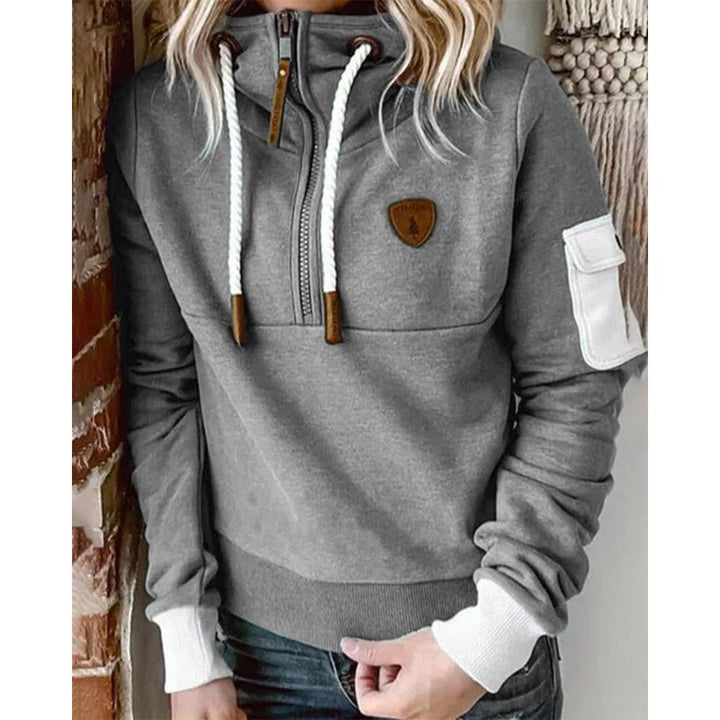 Dame hættetrøje sporty hoodie med lynlås og lomme på ærmet
