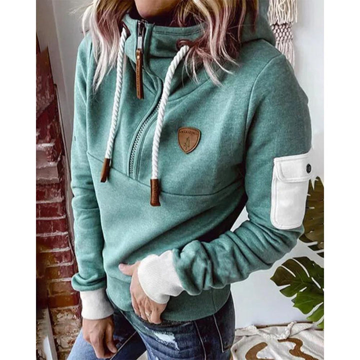 Dame hættetrøje sporty hoodie med lynlås og lomme på ærmet