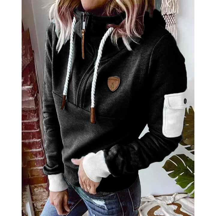 Dame hættetrøje sporty hoodie med lynlås og lomme på ærmet