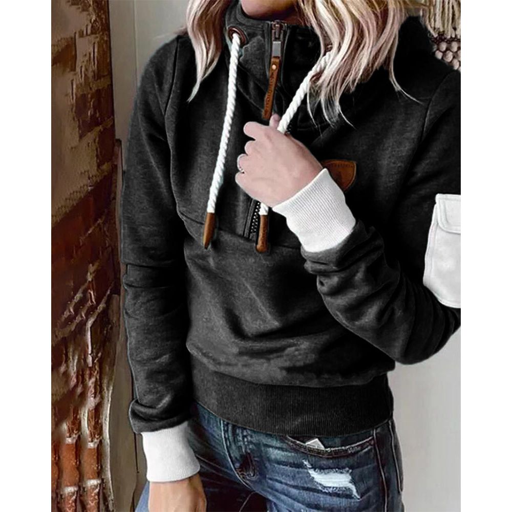 Dame hættetrøje sporty hoodie med lynlås og lomme på ærmet