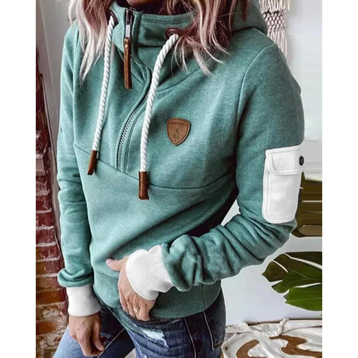 Dame hættetrøje sporty hoodie med lynlås og lomme på ærmet