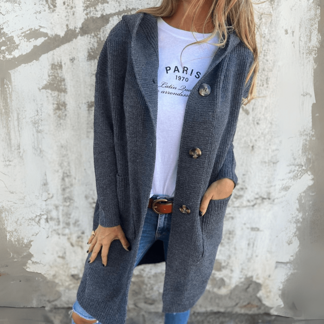 Lang cardigan dame med knapper – strik maxi vest