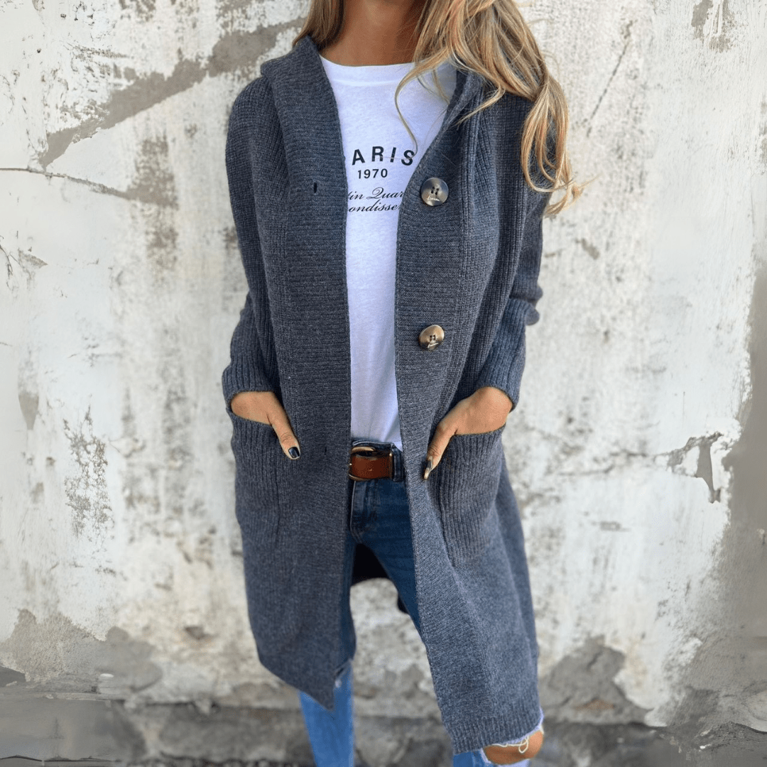 Lang cardigan dame med knapper – strik maxi vest
